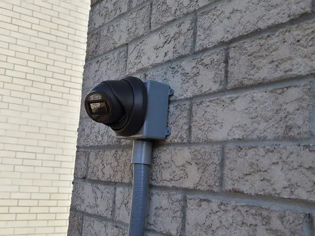 Small black camera on a brick wall with its cable hidden in conduit